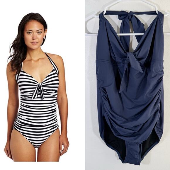 Seafolly Australia Seaview Navy Blue Halter Tie Front Ruched One Piece Swim 8 - Picture 1 of 11